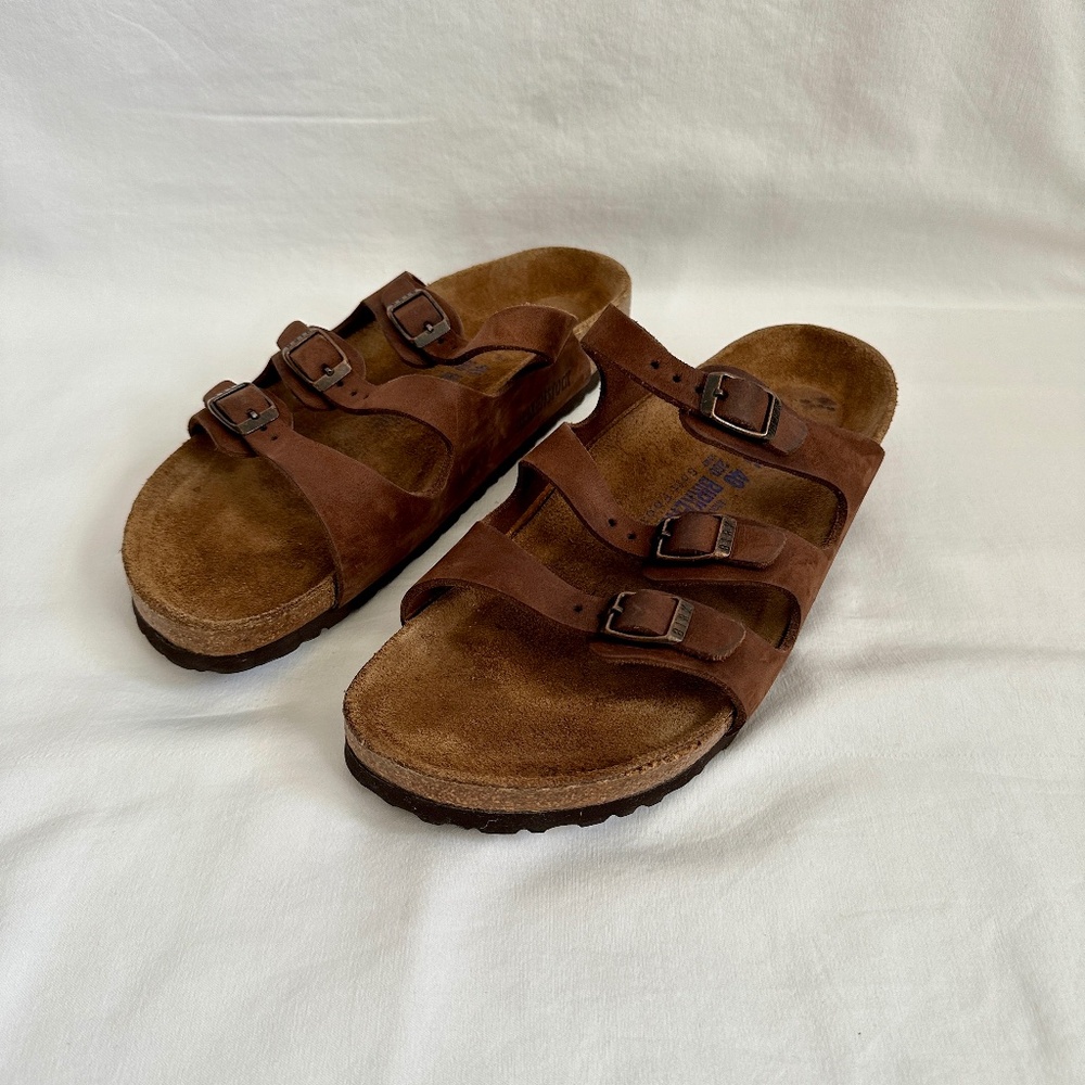 Birkenstock Florida Brown Leather Sandals, Size 40 Narrow, Soft footbed